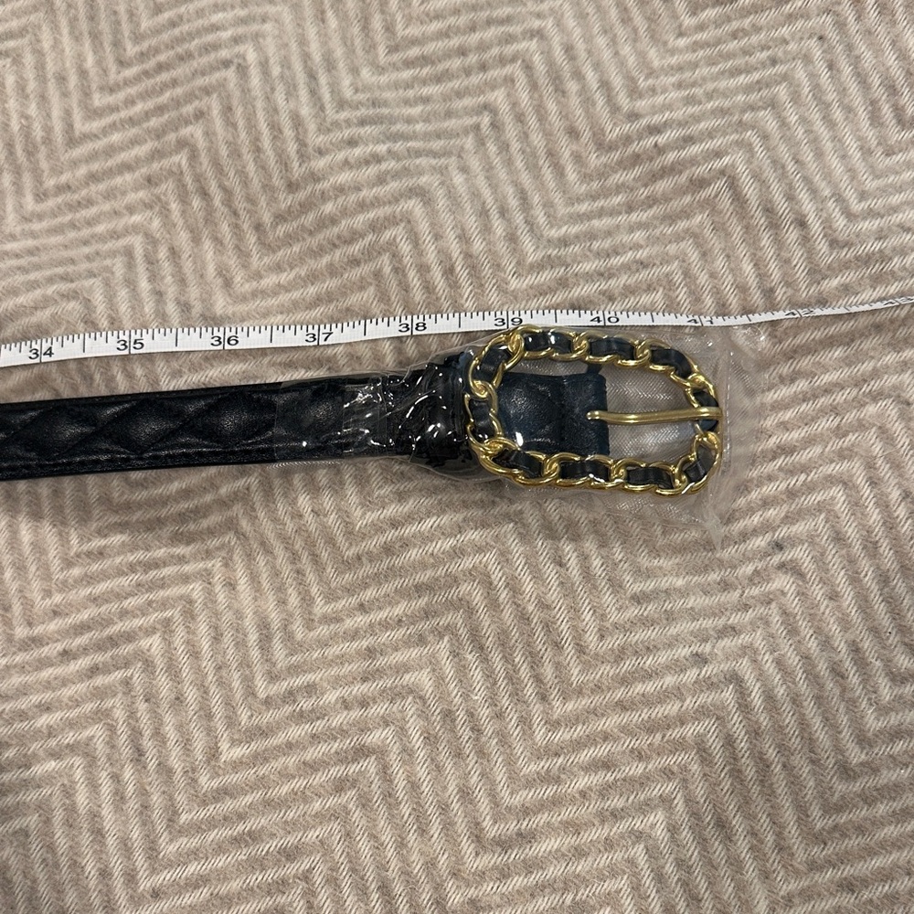 Black Quilted Belt with Gold Chain Buckle